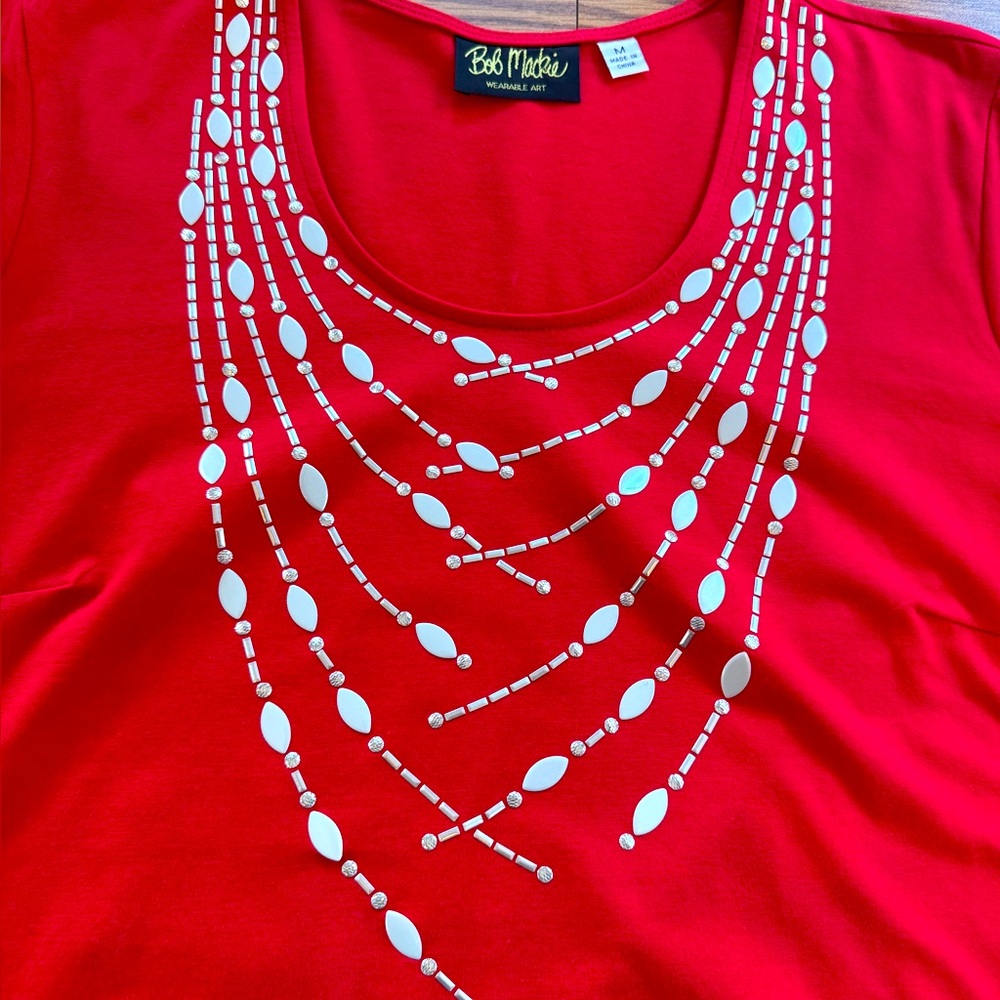 NWOT Bob Mackie Red & White Blouse Top w/Embellished Multi-Strand Necklace